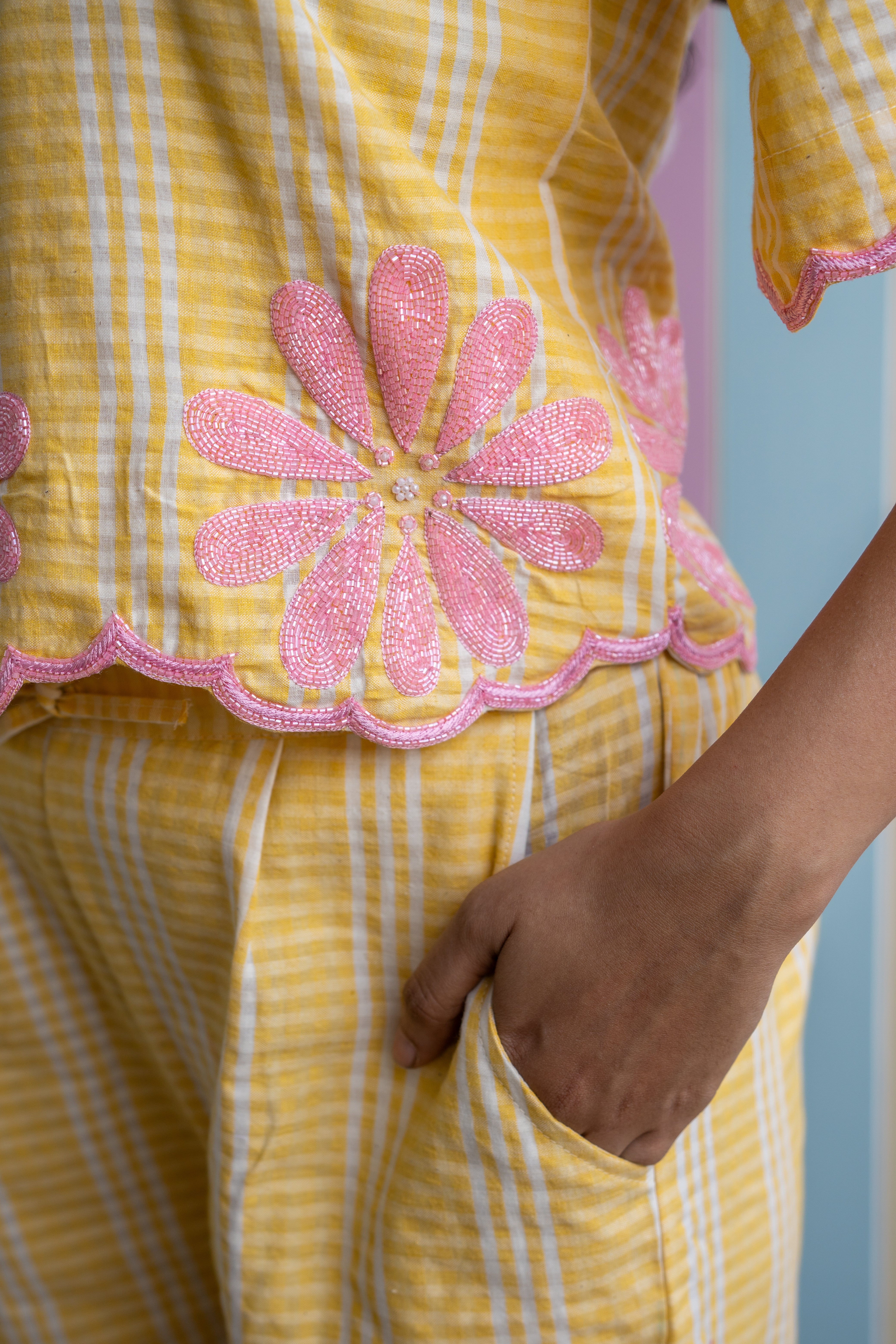 Yellow and pink Flower embroidered Co-ord Set