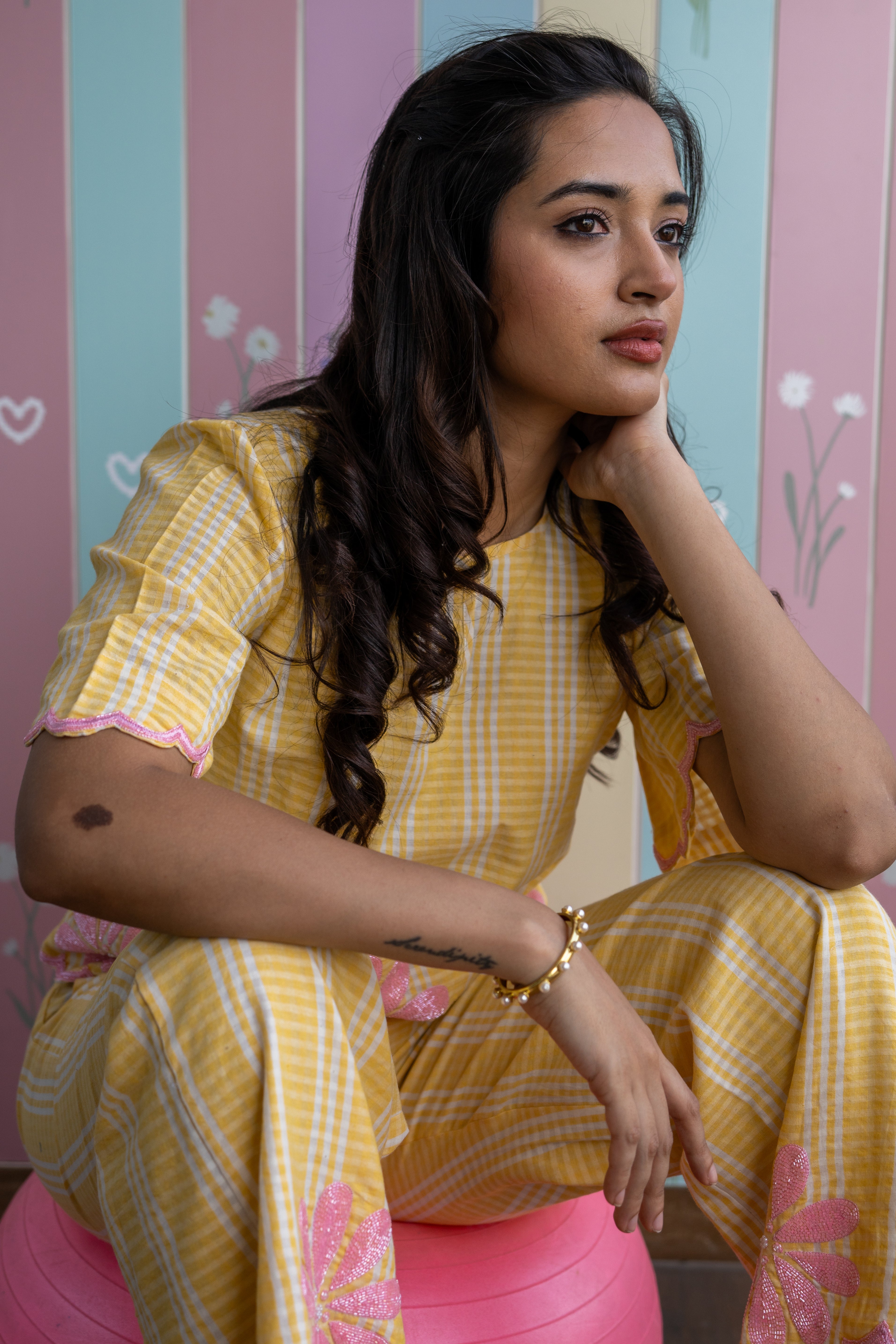 Yellow and pink Flower embroidered Co-ord Set