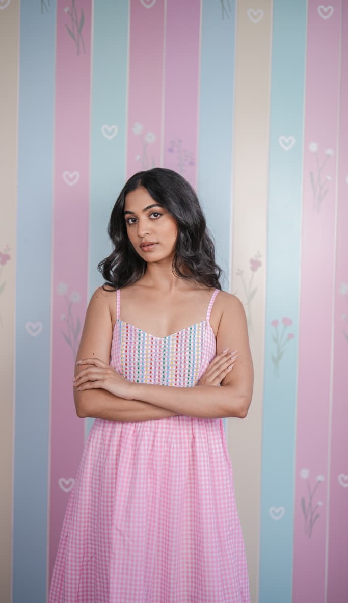 Pink Gingham Hand Embroidered Dress