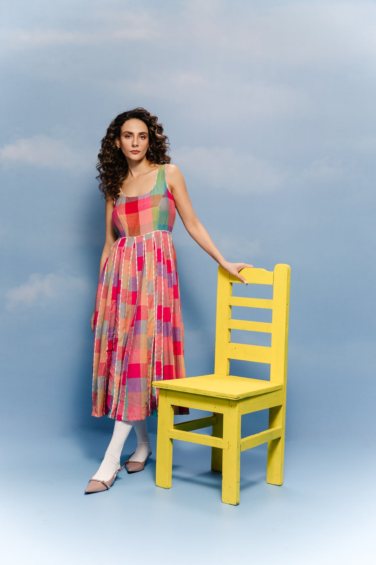 Jamdani multicolor checks midi dress