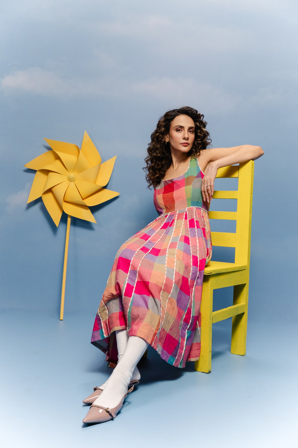 Jamdani multicolor checks midi dress