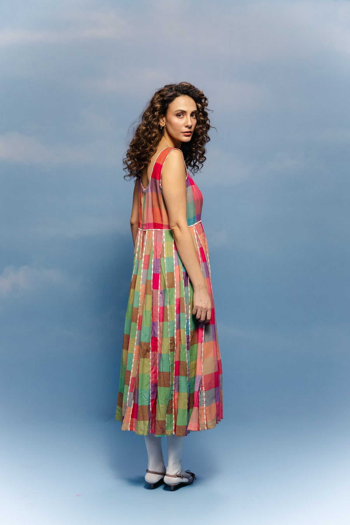 Jamdani multicolor checks midi dress