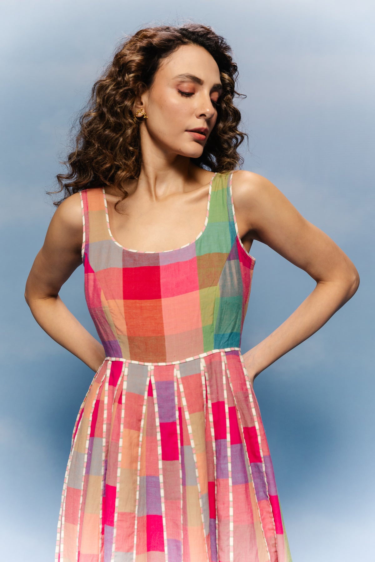 Jamdani multicolor checks midi dress