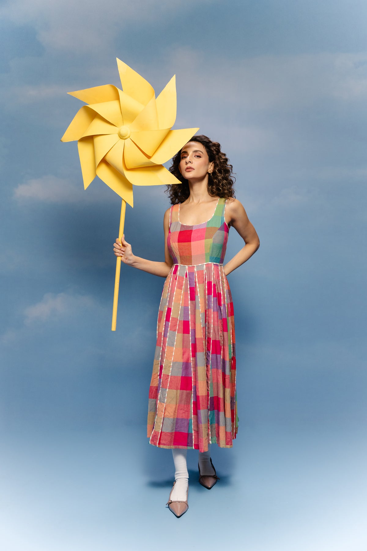 Jamdani multicolor checks midi dress