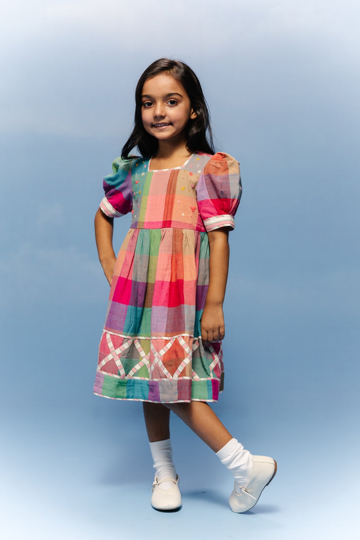 Jamdani multicolor Lattice-Border Frock
