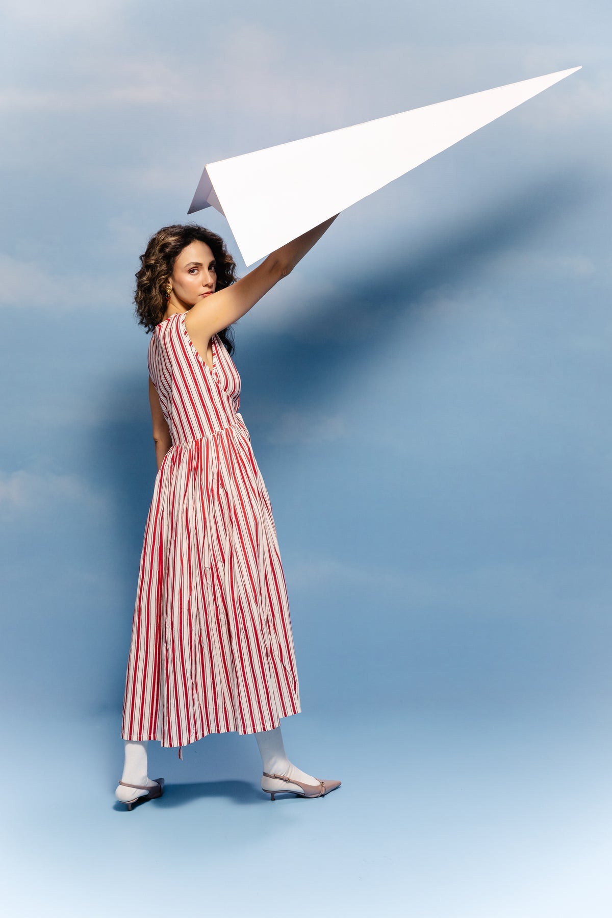 Crimson blockprint Stripe Tie-Waist Midi Dress