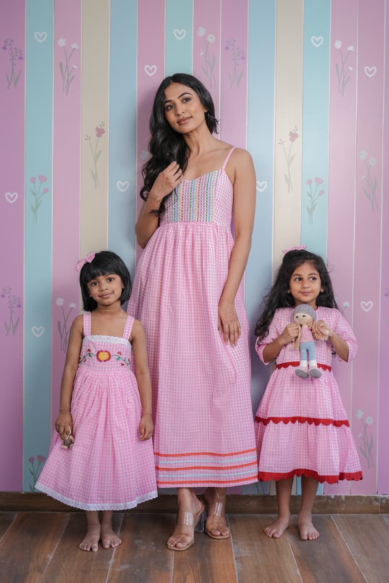 Pink Gingham Hand Embroidered Dress