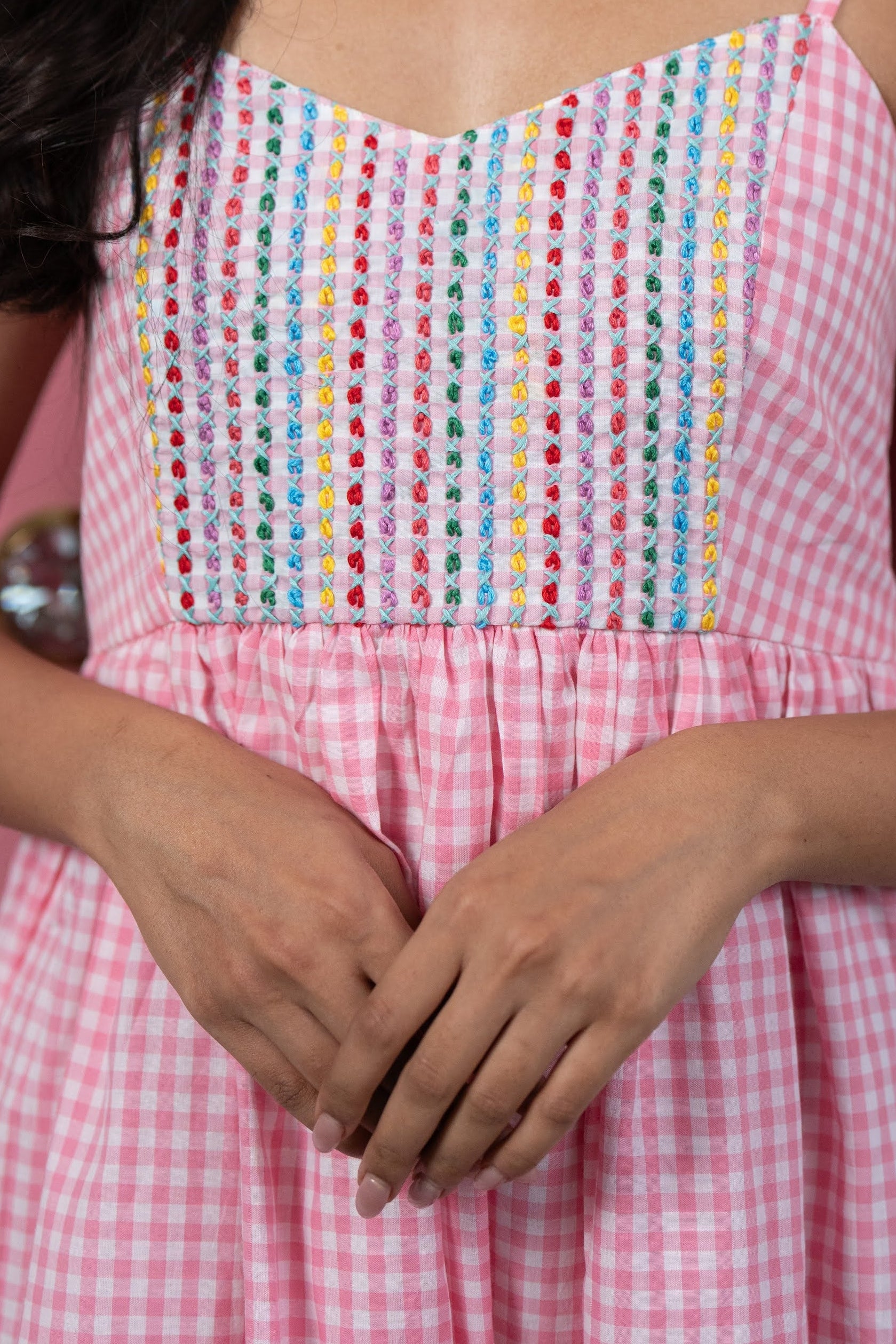 Pink Gingham Hand Embroidered Dress
