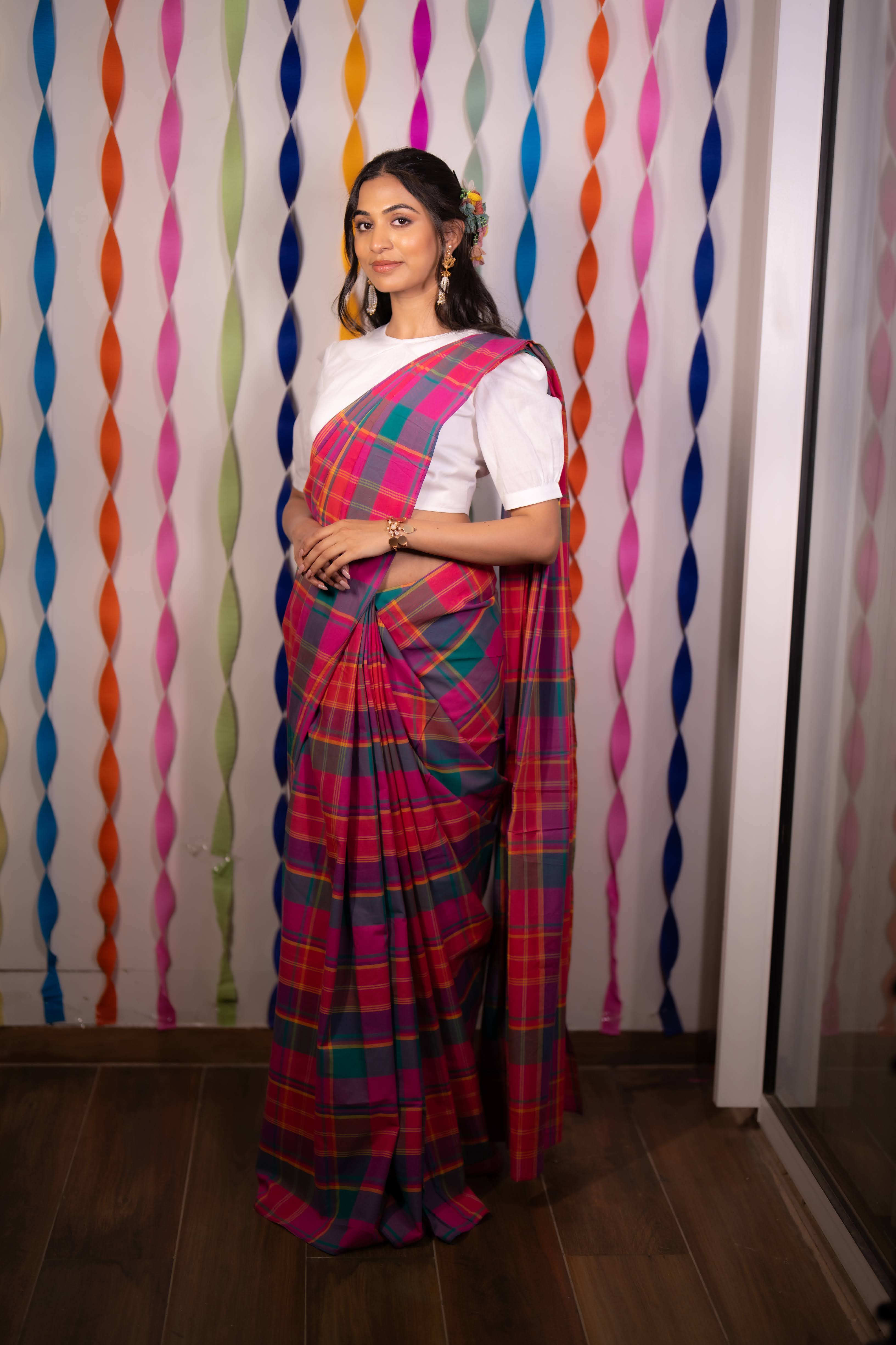 Pink Checks Saree